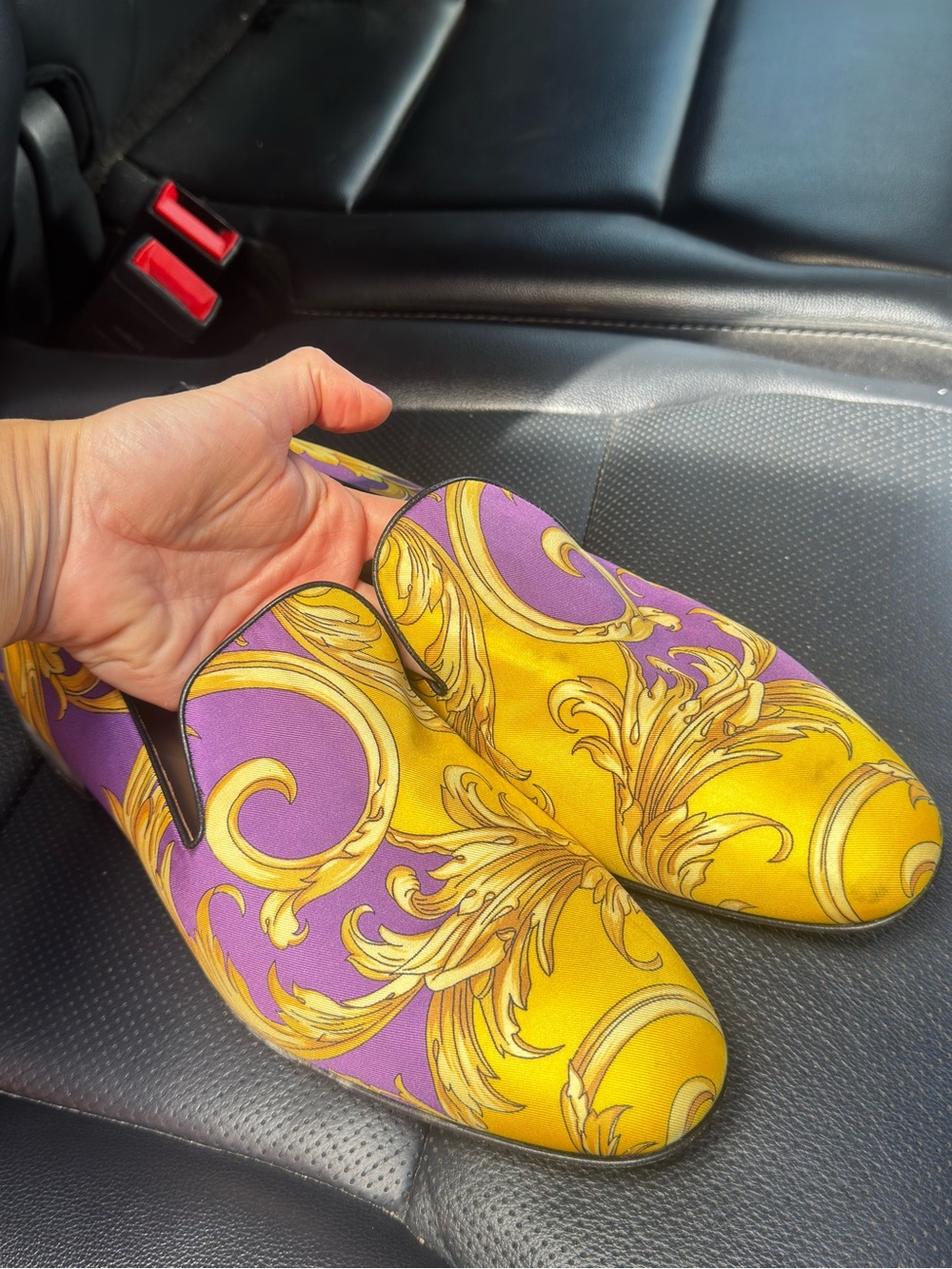 Versace Baroque-Print Slip-On Mules in Purple & Yellow